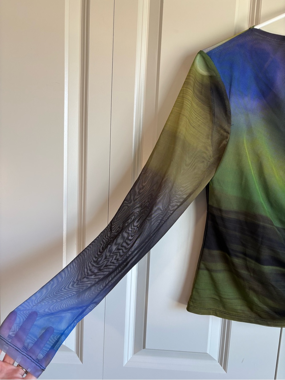 Zara Tulle Printed Asymmetric Top One Sheer Sleeve Green Black Blue Size Large - Picture 3 of 9